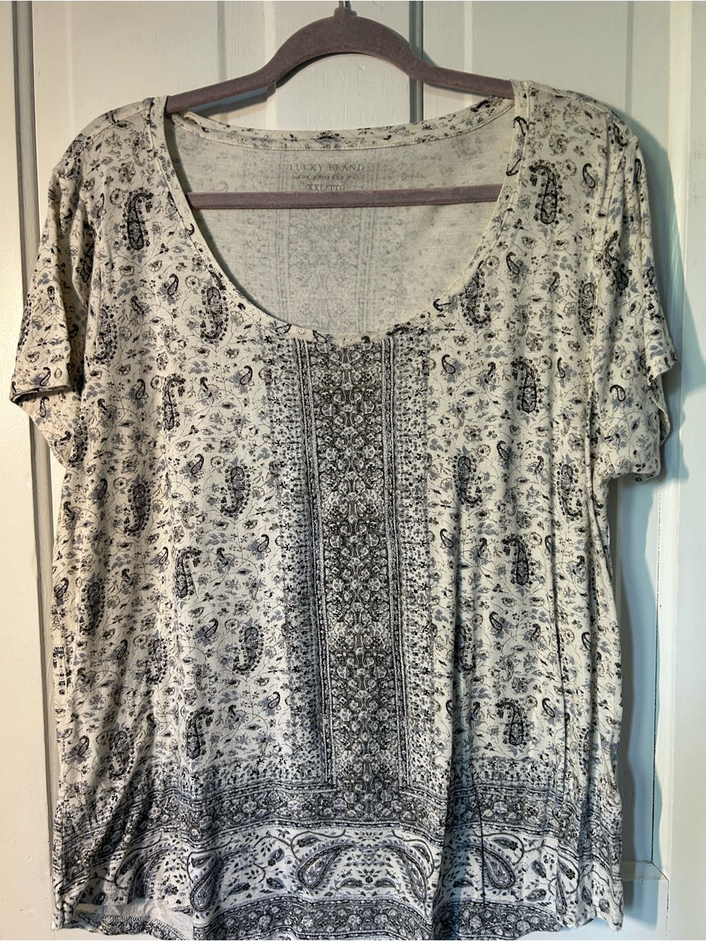 Lucky Brand Cream and Black Paisley Scoop Neck Tee